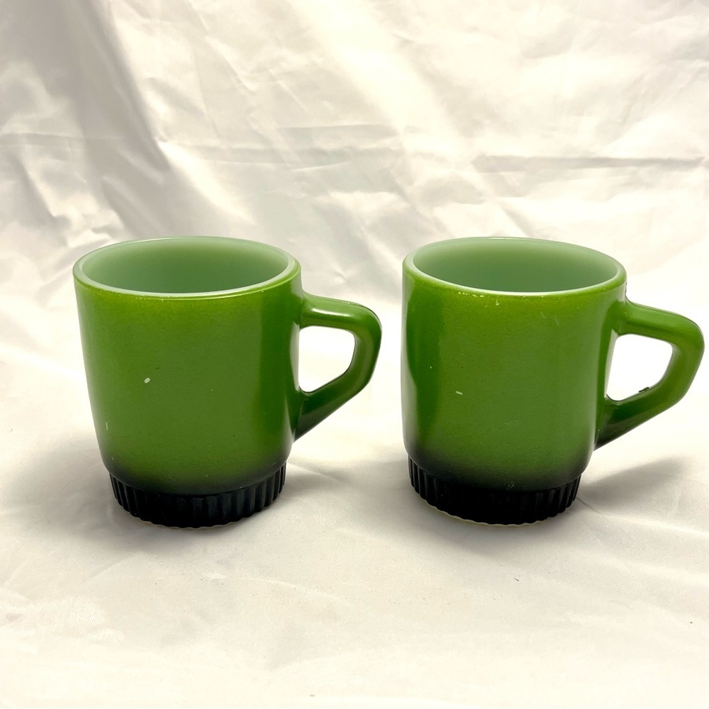 Fire King Mugs, Set of 2, Green-Black Ombre, Stackable, Vintage GUC